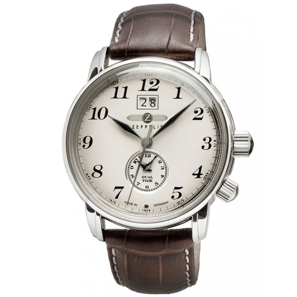 Zeppelin LZ127 7644-5 Men's Watch Dual-Time Brown Silver 42 mm 